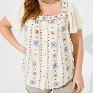 Torrid Linen Blend Embroidered Floral Flutter Sleeve Top